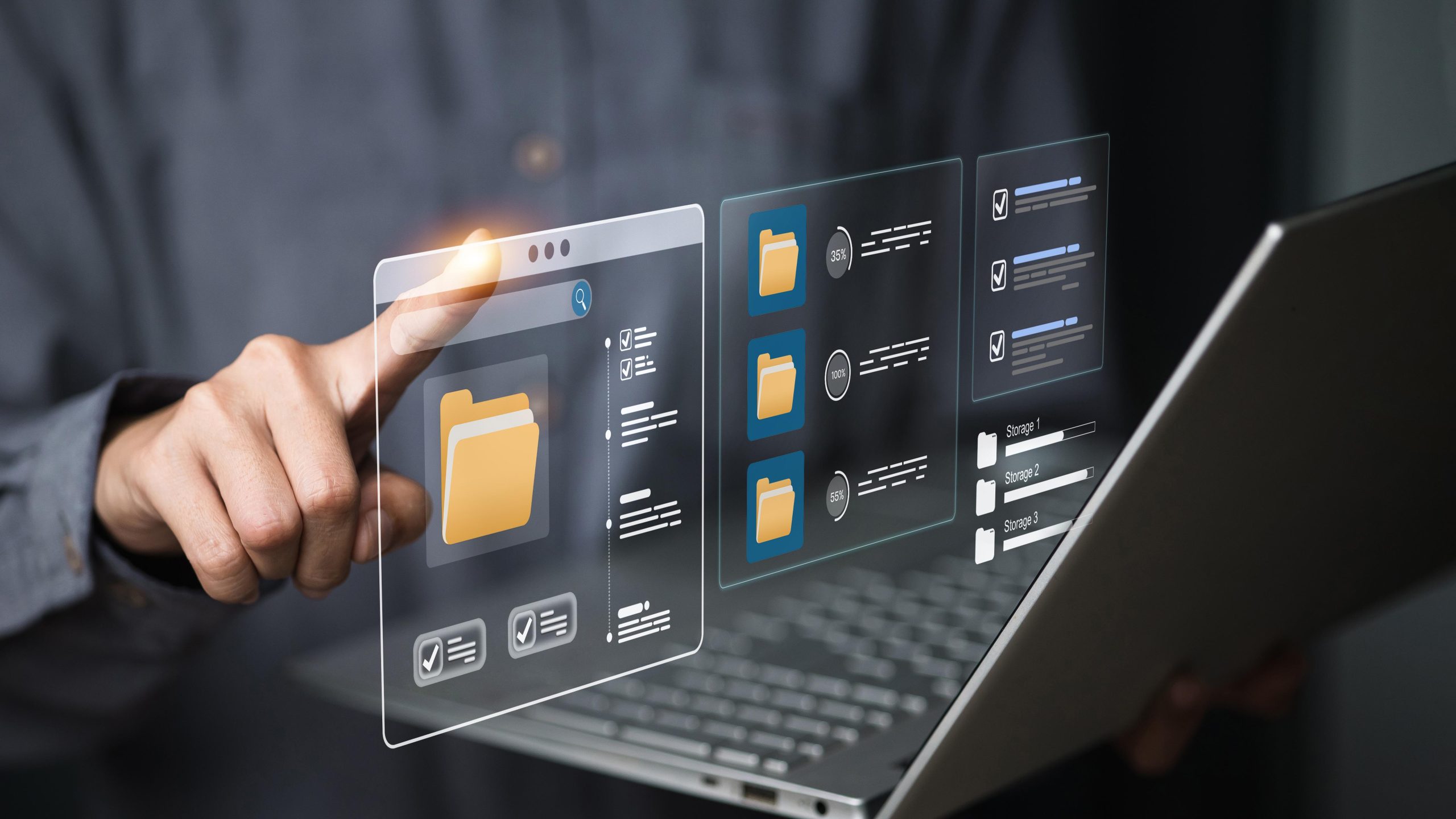 Business team managing organized digital files in a modern workspace