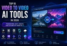 AI video to video tools interface showing before and after video transformation in a futuristic editing dashboard