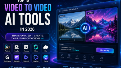AI video to video tools interface showing before and after video transformation in a futuristic editing dashboard