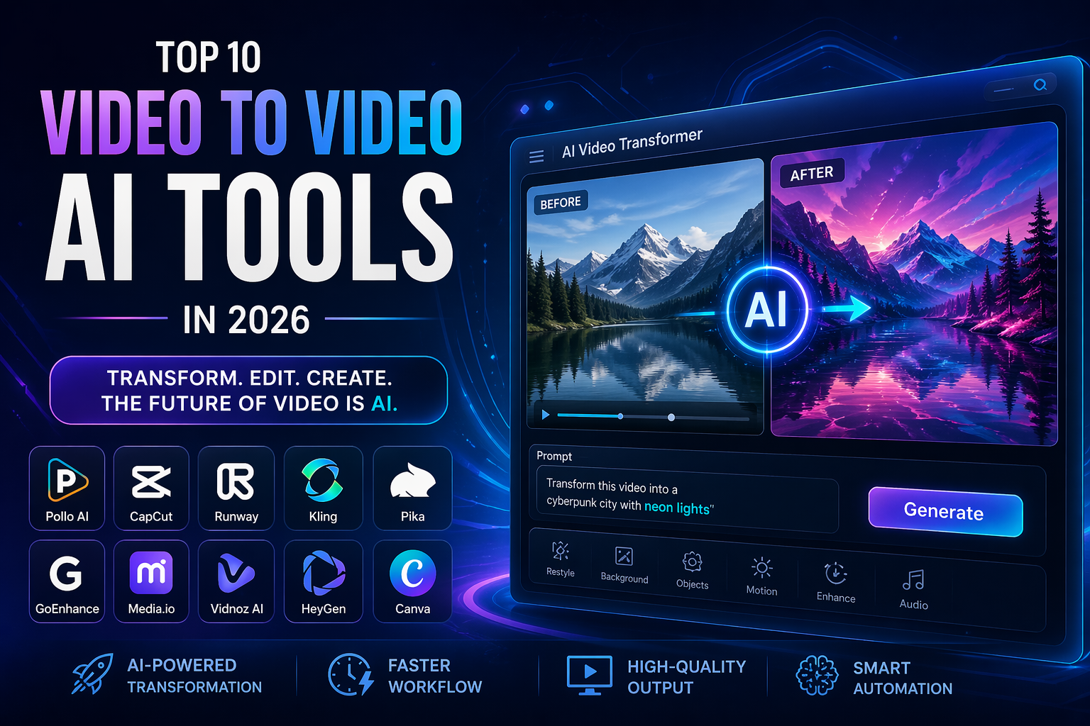 AI video to video tools interface showing before and after video transformation in a futuristic editing dashboard
