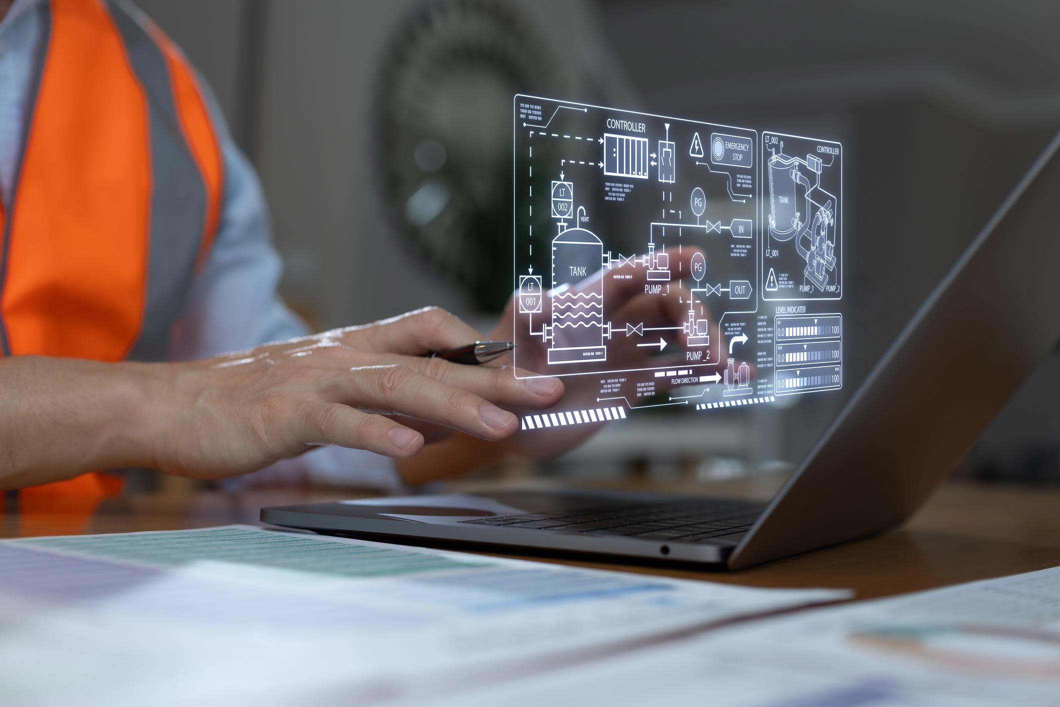 Industrial automation control system integration with PLC and SCADA in a modern factory