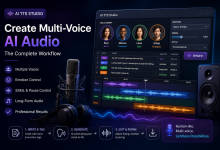 AI TTS studio creating multi-voice audio with waveform tracks and voice profiles