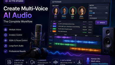 AI TTS studio creating multi-voice audio with waveform tracks and voice profiles