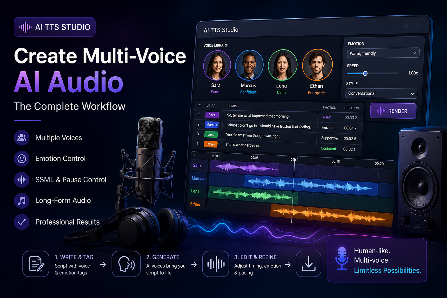 AI TTS studio creating multi-voice audio with waveform tracks and voice profiles