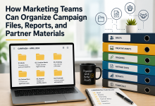 Marketing team campaign file organization workspace with folders, reports, creative assets, tracking documents, and partner materials management on a modern office desk.