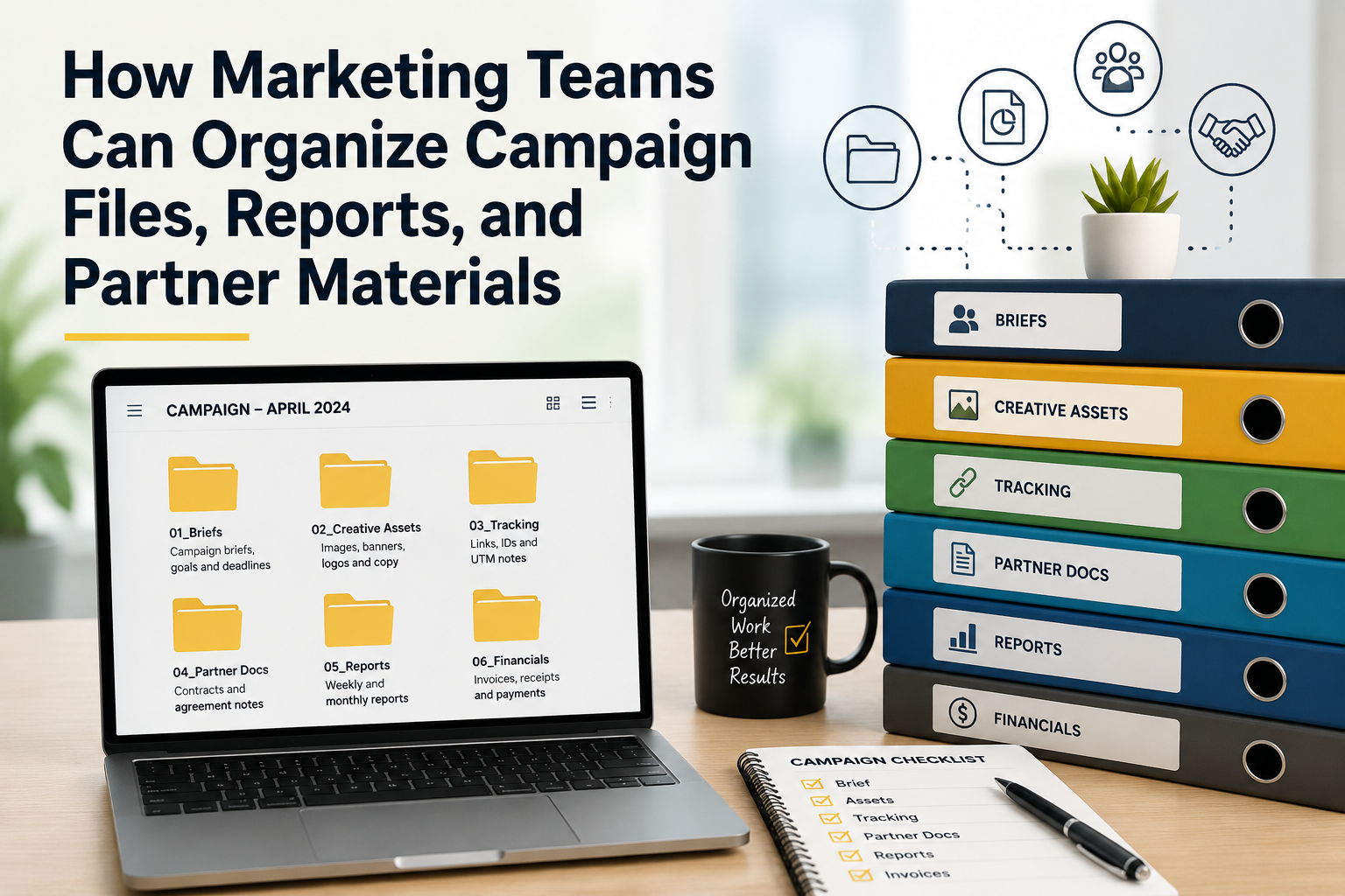 Marketing team campaign file organization workspace with folders, reports, creative assets, tracking documents, and partner materials management on a modern office desk.
