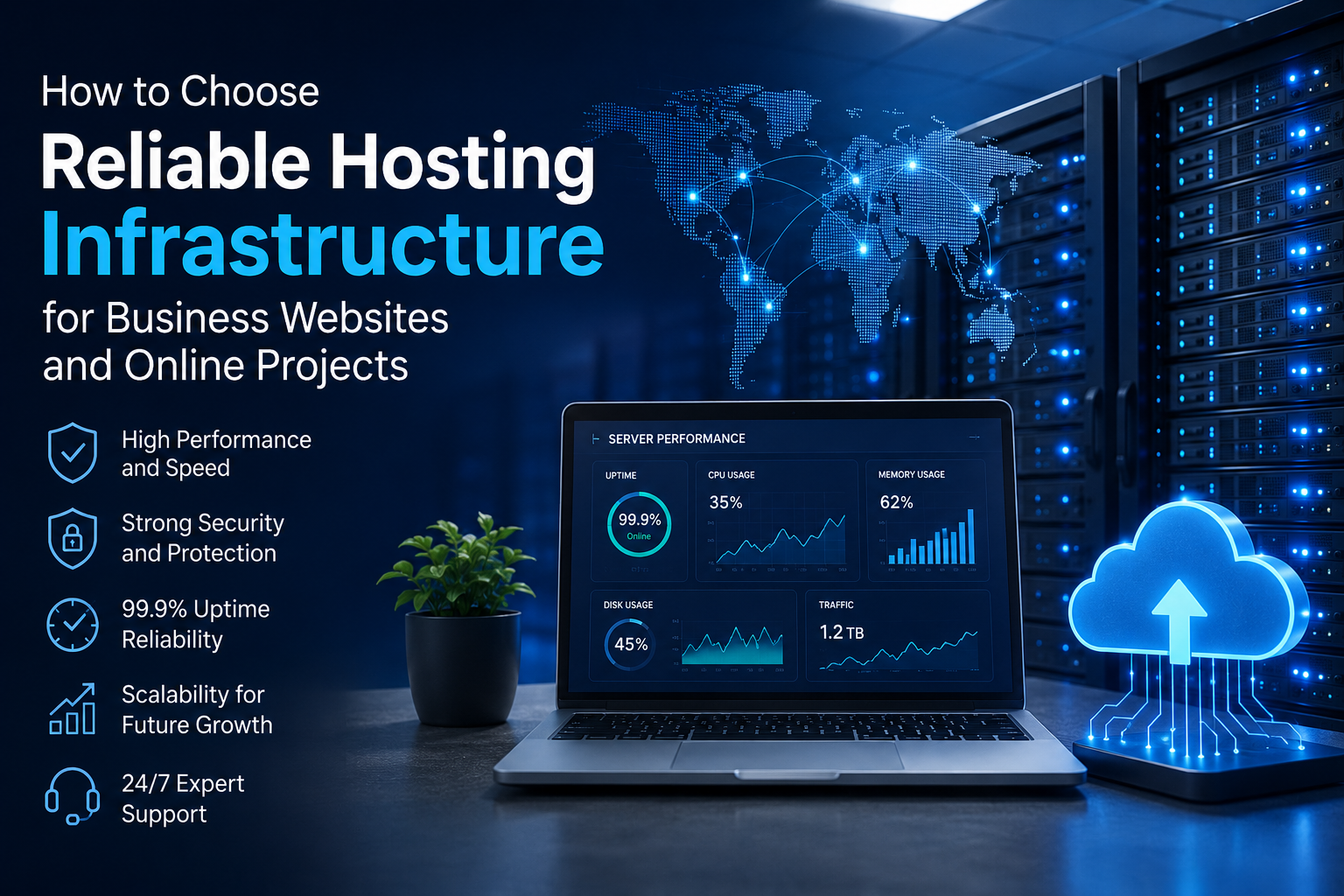 Modern hosting infrastructure with cloud servers, uptime monitoring dashboard, and secure business website technology