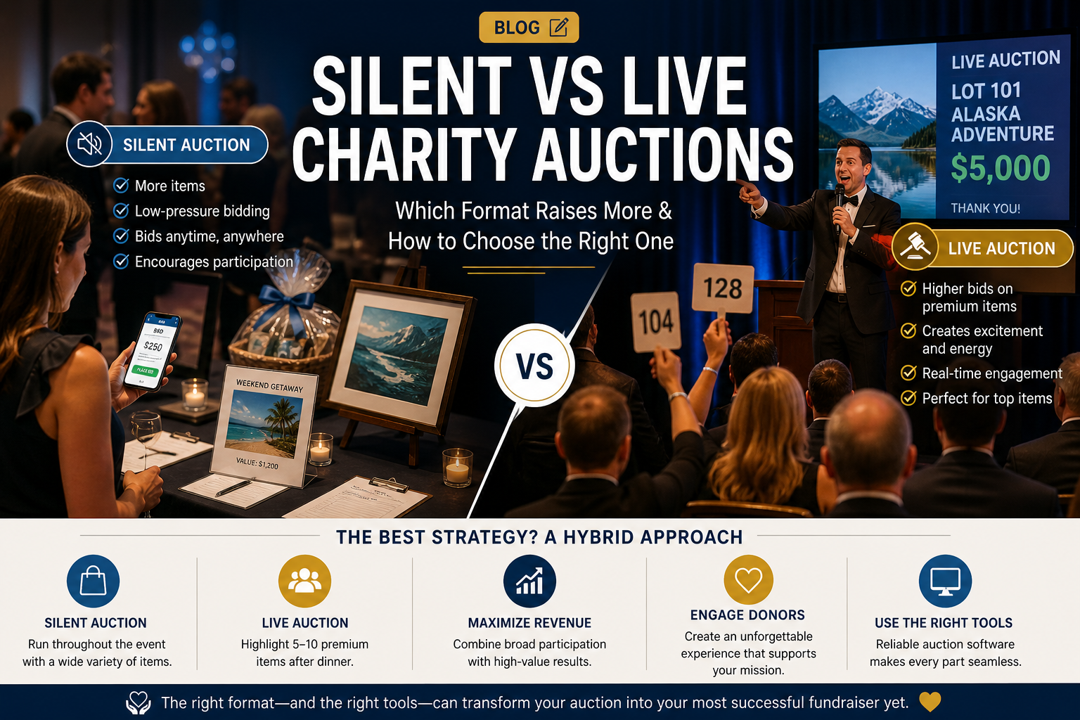 Silent vs live charity auction comparison showing fundraising event formats and donor engagement strategies