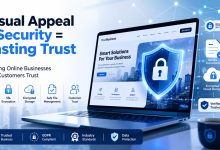 Online business security with website design, data protection and customer trust elements displayed on a digital screen.