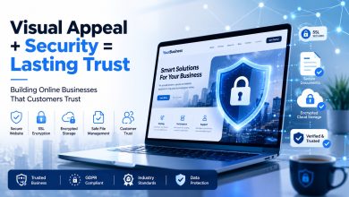 Online business security with website design, data protection and customer trust elements displayed on a digital screen.