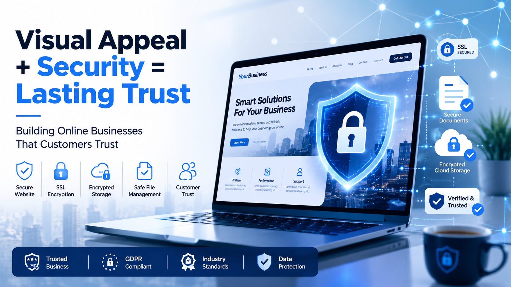 Online business security with website design, data protection and customer trust elements displayed on a digital screen.