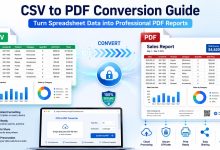 CSV to PDF conversion process showing spreadsheet data transformed into a professional PDF report.