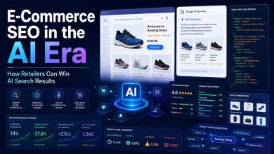 AI-powered e-commerce SEO dashboard showing structured product data, schema markup, customer reviews, and Google AI search results.