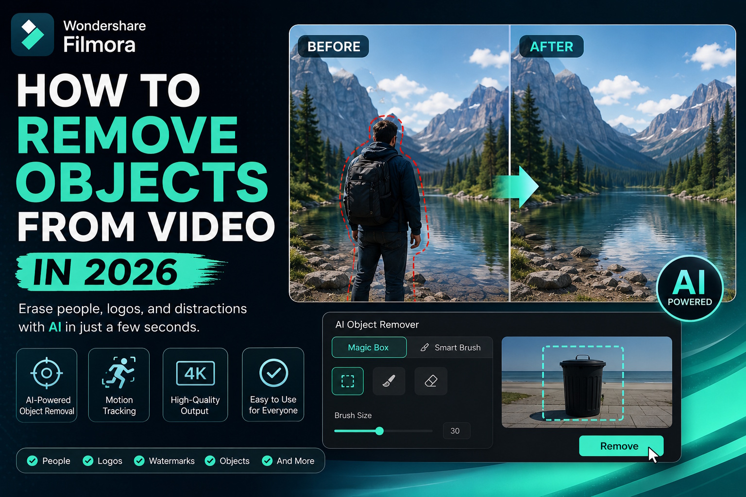AI video object remover in Filmora removing unwanted people and objects from a video scene.