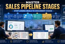 Sales pipeline stages with organized document management, proposal workflows, contract tracking, and deal progression dashboard.