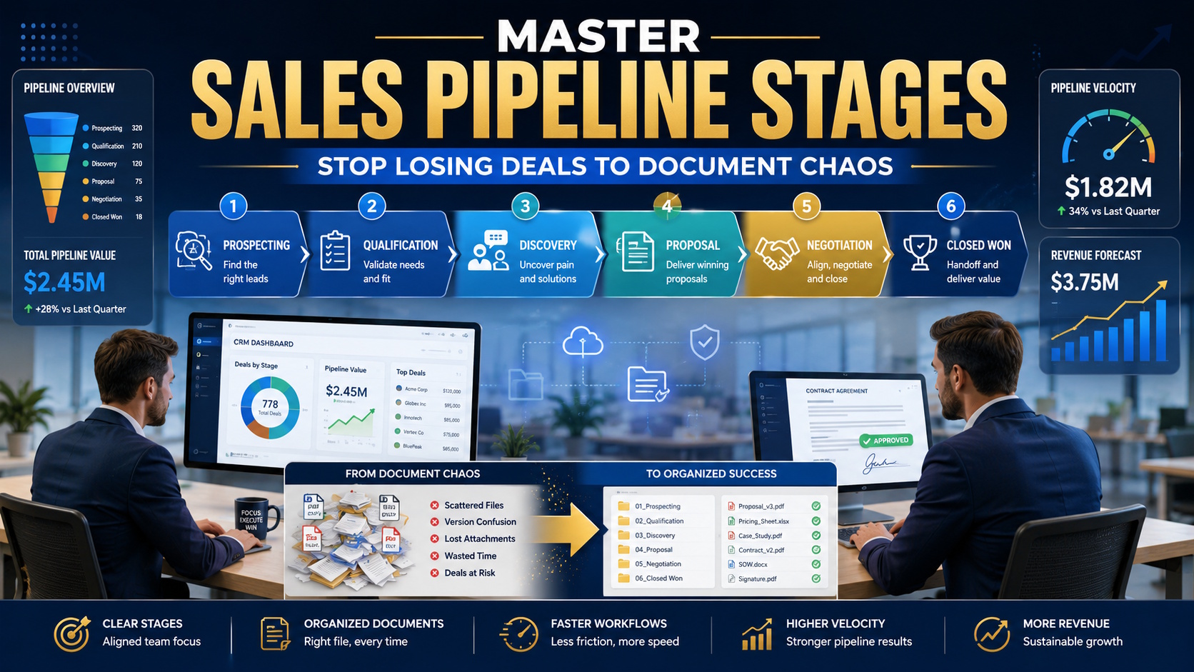 Sales pipeline stages with organized document management, proposal workflows, contract tracking, and deal progression dashboard.