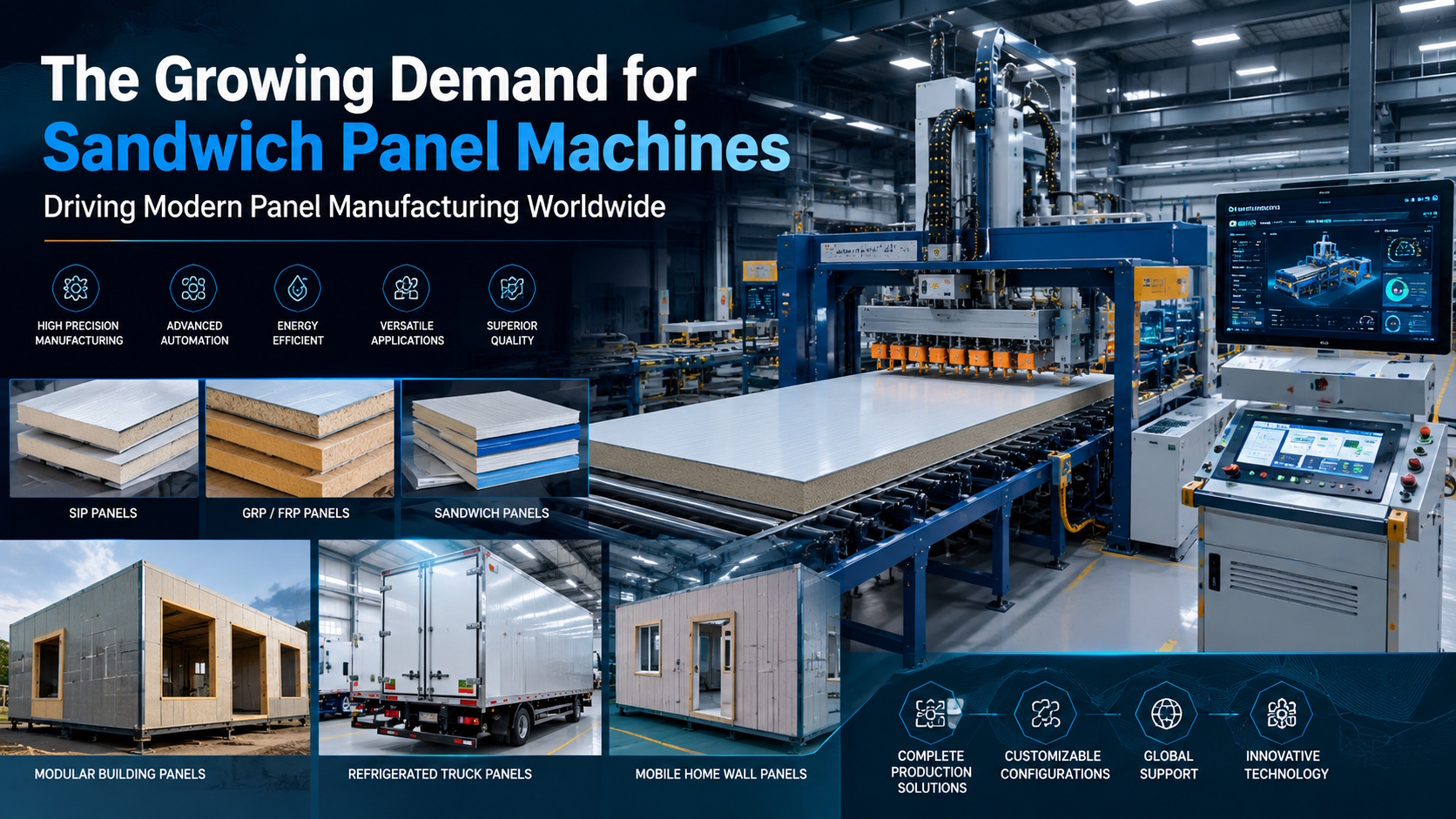 Advanced sandwich panel machine production line manufacturing SIP panels and composite building materials.