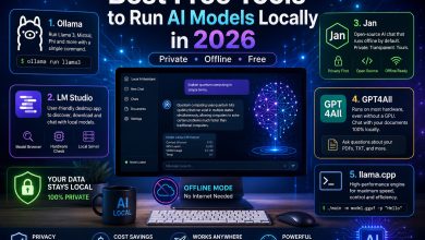 Best free local AI tools in 2026 including Ollama, LM Studio, Jan, GPT4All and llama.cpp running on a desktop computer.