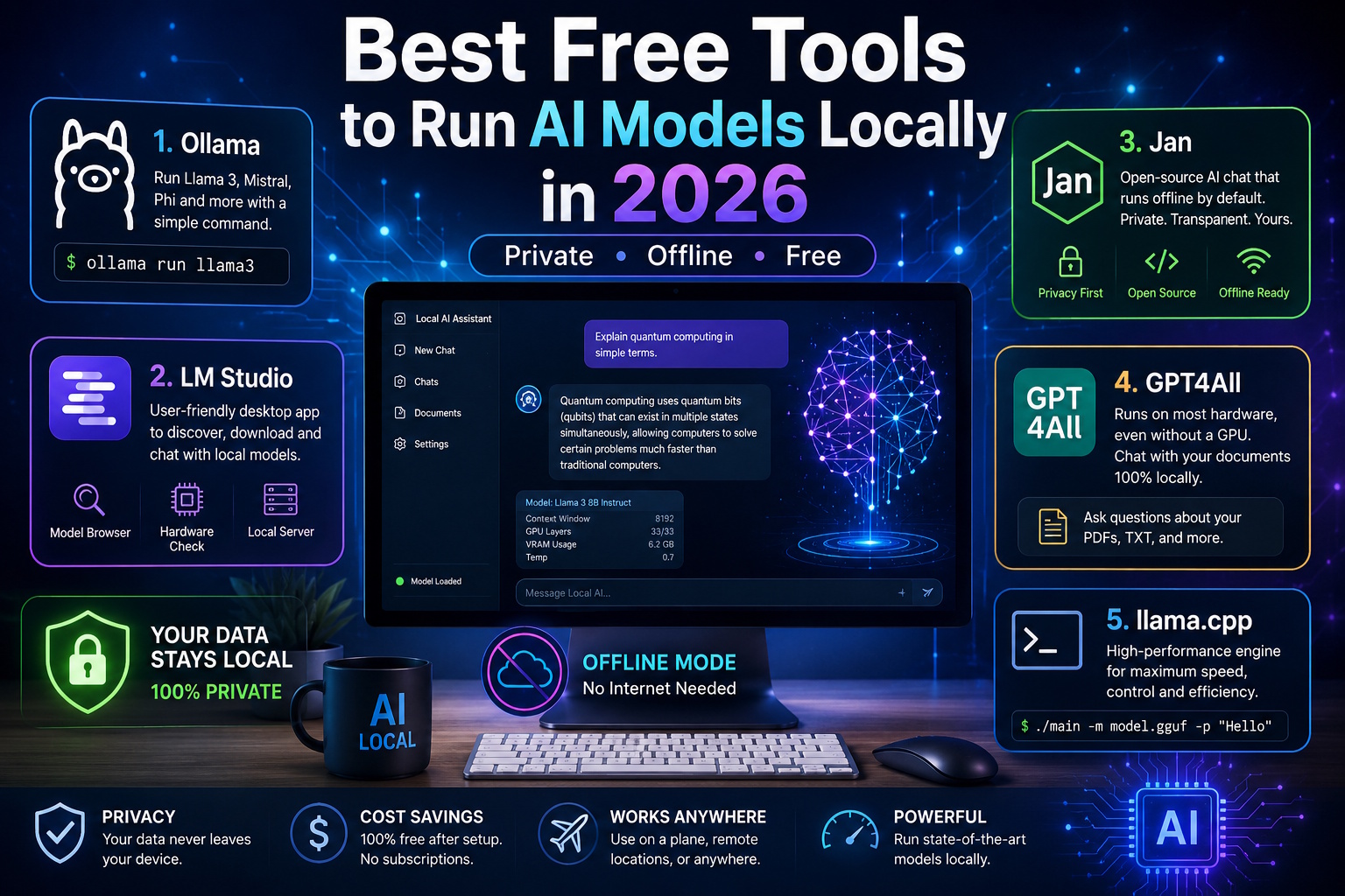 Best free local AI tools in 2026 including Ollama, LM Studio, Jan, GPT4All and llama.cpp running on a desktop computer.