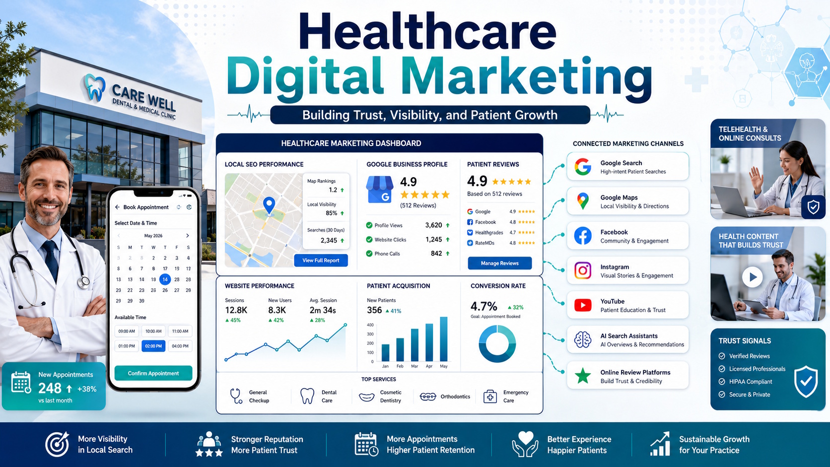 Healthcare digital marketing dashboard showing local SEO, patient reviews, social media engagement, online appointments, and patient acquisition analytics.