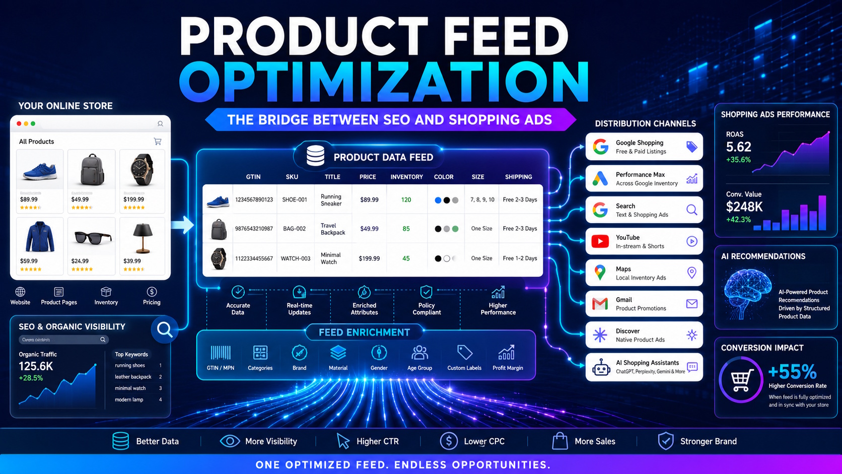 Product feed optimization connecting e-commerce SEO, Google Shopping Ads, AI retail media platforms, and Performance Max campaigns in 2026.