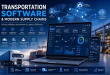 Transportation software dashboard displaying real-time supply chain tracking, fleet management, logistics analytics, AI automation, and connected global transportation networks.