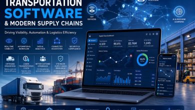 Transportation software dashboard displaying real-time supply chain tracking, fleet management, logistics analytics, AI automation, and connected global transportation networks.