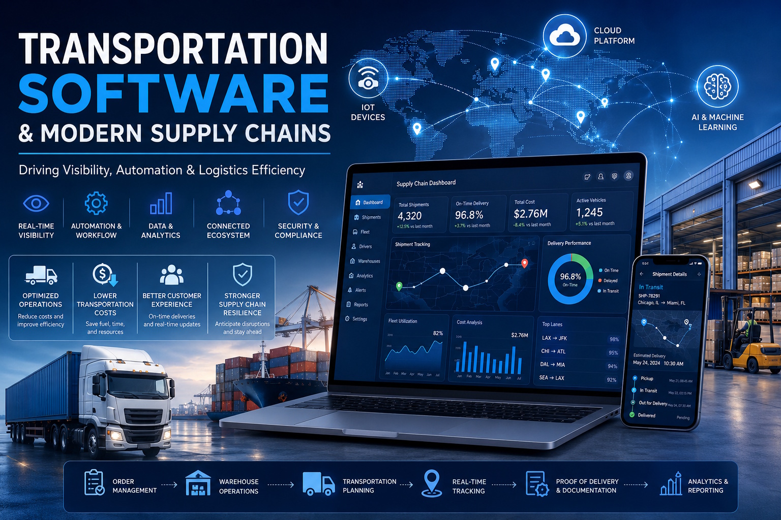 Transportation software dashboard displaying real-time supply chain tracking, fleet management, logistics analytics, AI automation, and connected global transportation networks.