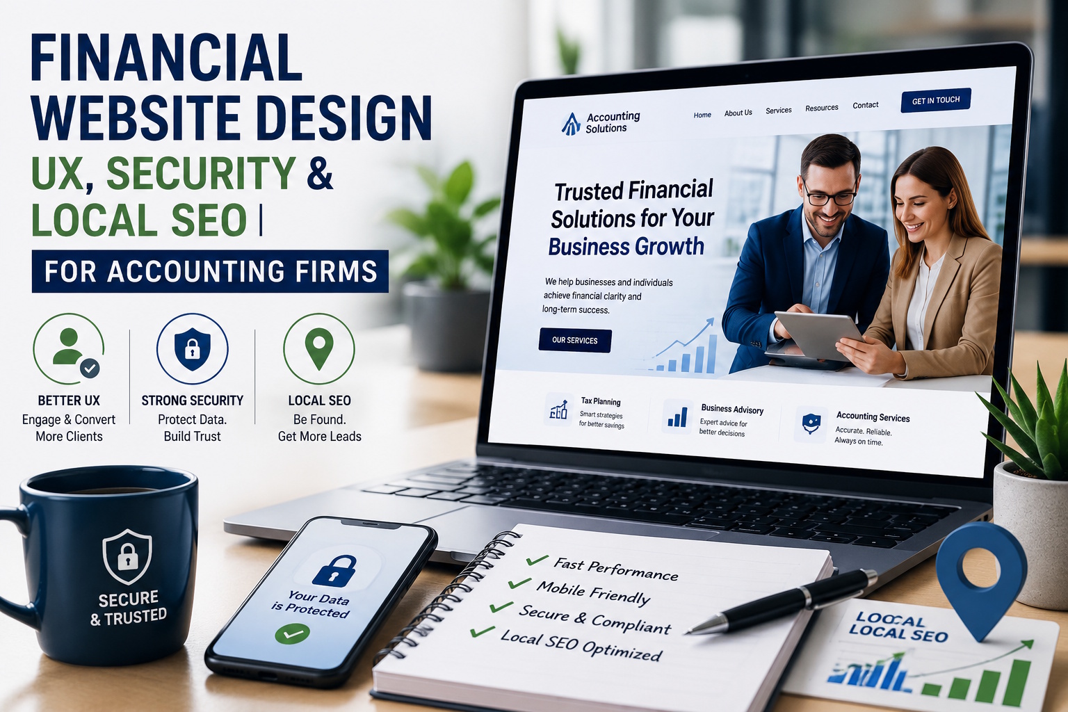 Financial website design concept showing UX, security, and local SEO features for accounting firms