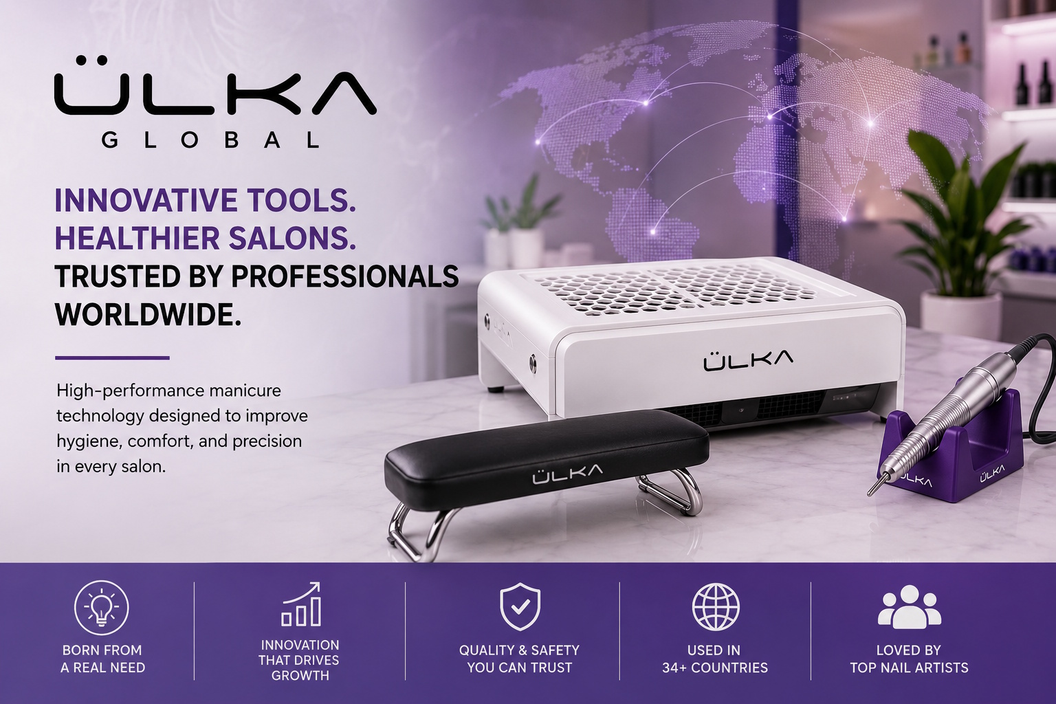 ÜLKA Global professional nail dust collector and manicure equipment in a modern nail salon
