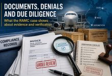 Aviation compliance documents and aircraft parts being reviewed for authenticity and due diligence in the RAMC case