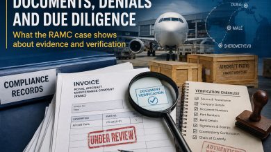 Aviation compliance documents and aircraft parts being reviewed for authenticity and due diligence in the RAMC case