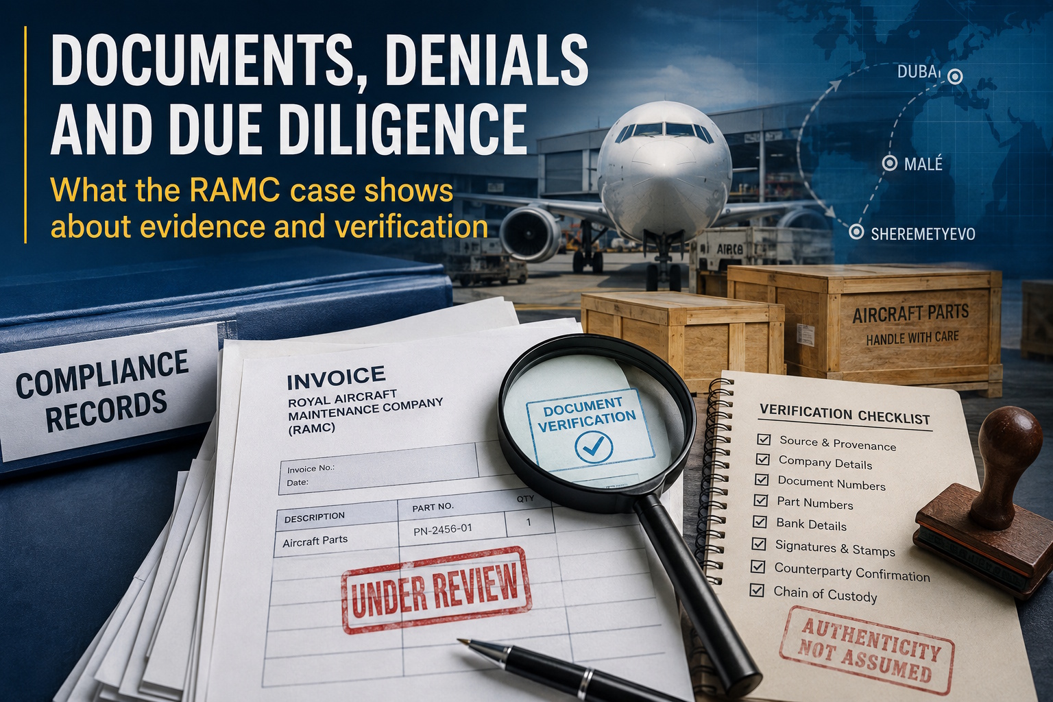 Aviation compliance documents and aircraft parts being reviewed for authenticity and due diligence in the RAMC case