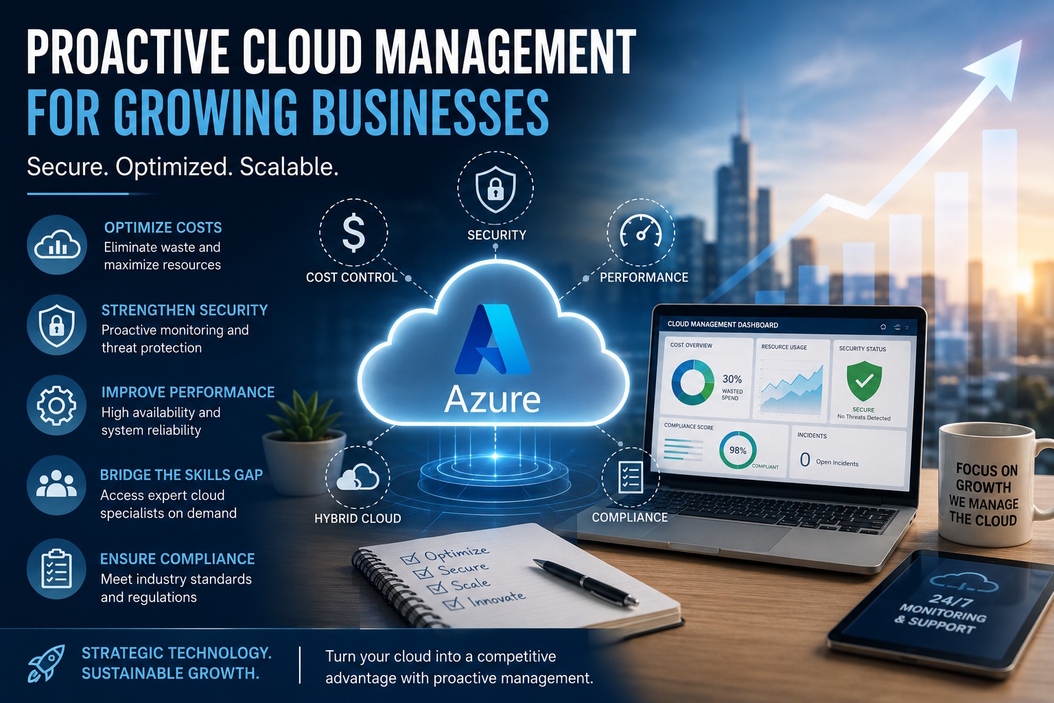 Proactive cloud management dashboard showing Azure security, cost optimization and business growth
