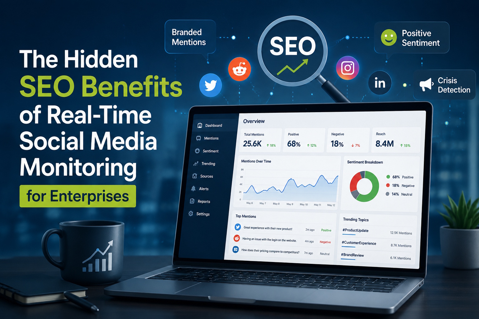 Real-time social media monitoring dashboard showing brand mentions, sentiment analysis, crisis detection, and SEO benefits for enterprises.