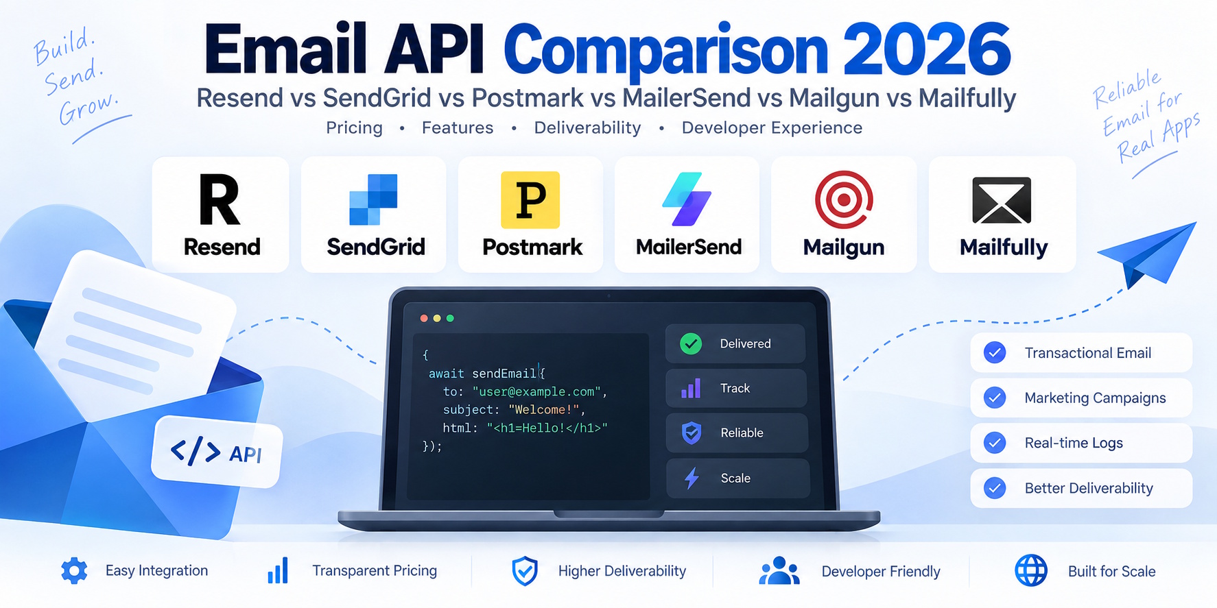 Email API comparison of Resend, SendGrid, Postmark, MailerSend, Mailgun, and Mailfully