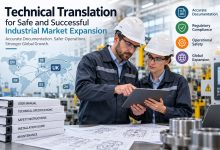 Technical translation for industrial market expansion with engineers reviewing technical documentation