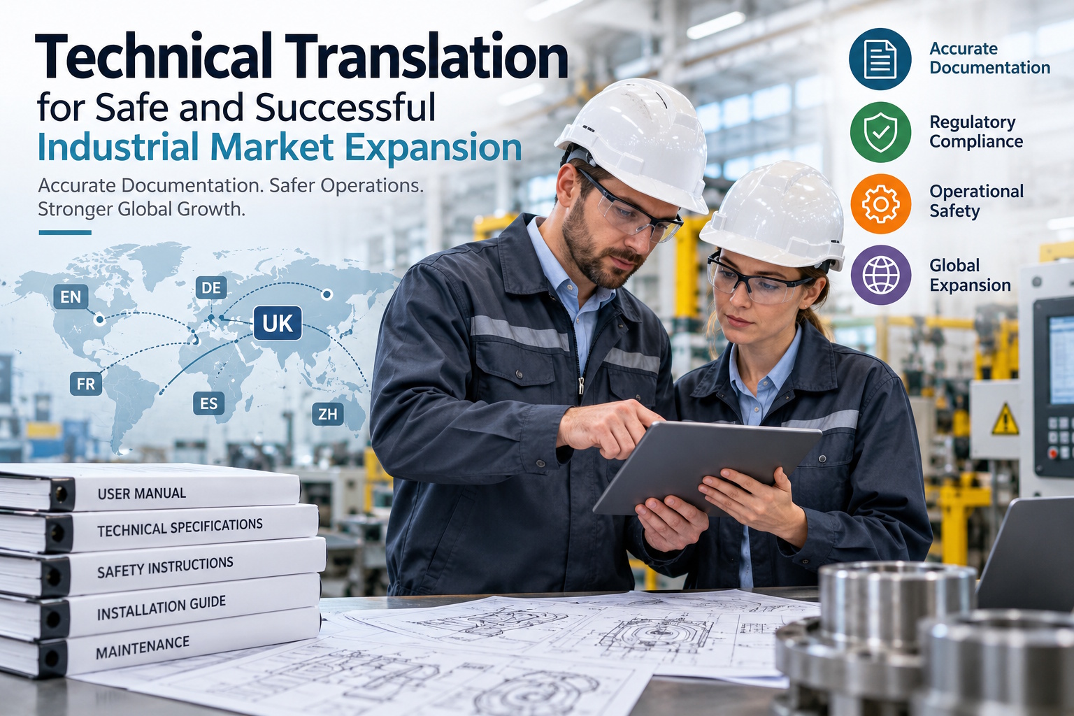 Technical translation for industrial market expansion with engineers reviewing technical documentation
