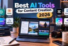 Best AI tools for content creation in 2026, featuring AI writing, design, image generation, and video editing tools.