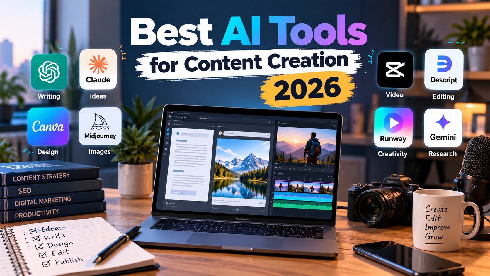 Best AI tools for content creation in 2026, featuring AI writing, design, image generation, and video editing tools.