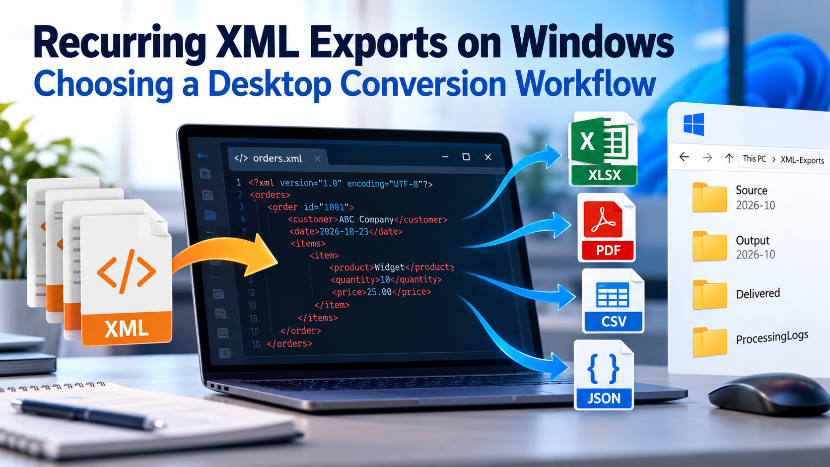 Managing recurring XML exports on Windows with a desktop file conversion workflow
