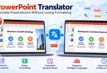PowerPoint translator converting presentations into multiple languages while preserving slide layouts and formatting.