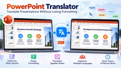 PowerPoint translator converting presentations into multiple languages while preserving slide layouts and formatting.