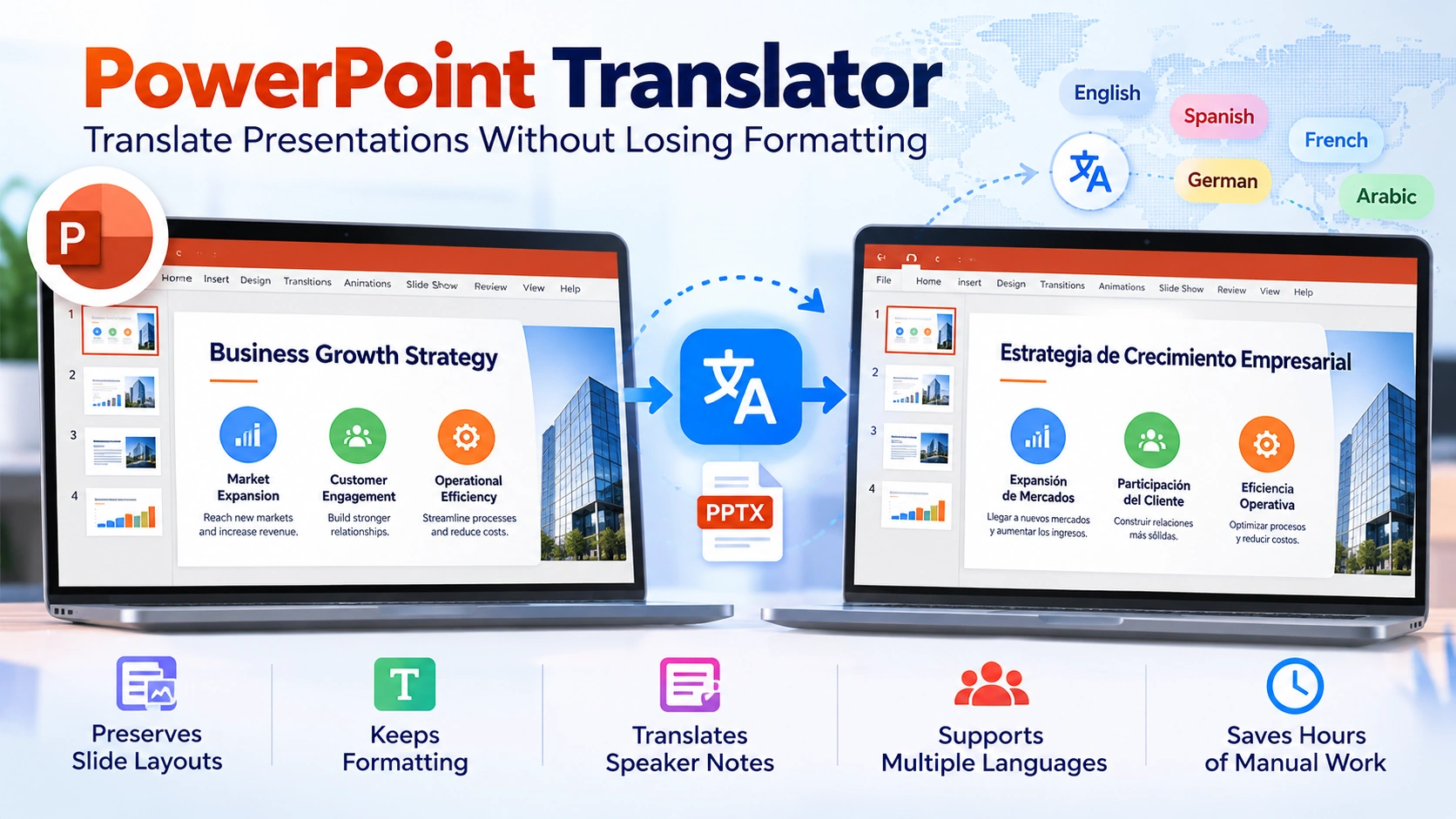 PowerPoint translator converting presentations into multiple languages while preserving slide layouts and formatting.