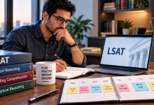 Professional studying for the LSAT at home with preparation books, a laptop, and a weekly study planner.