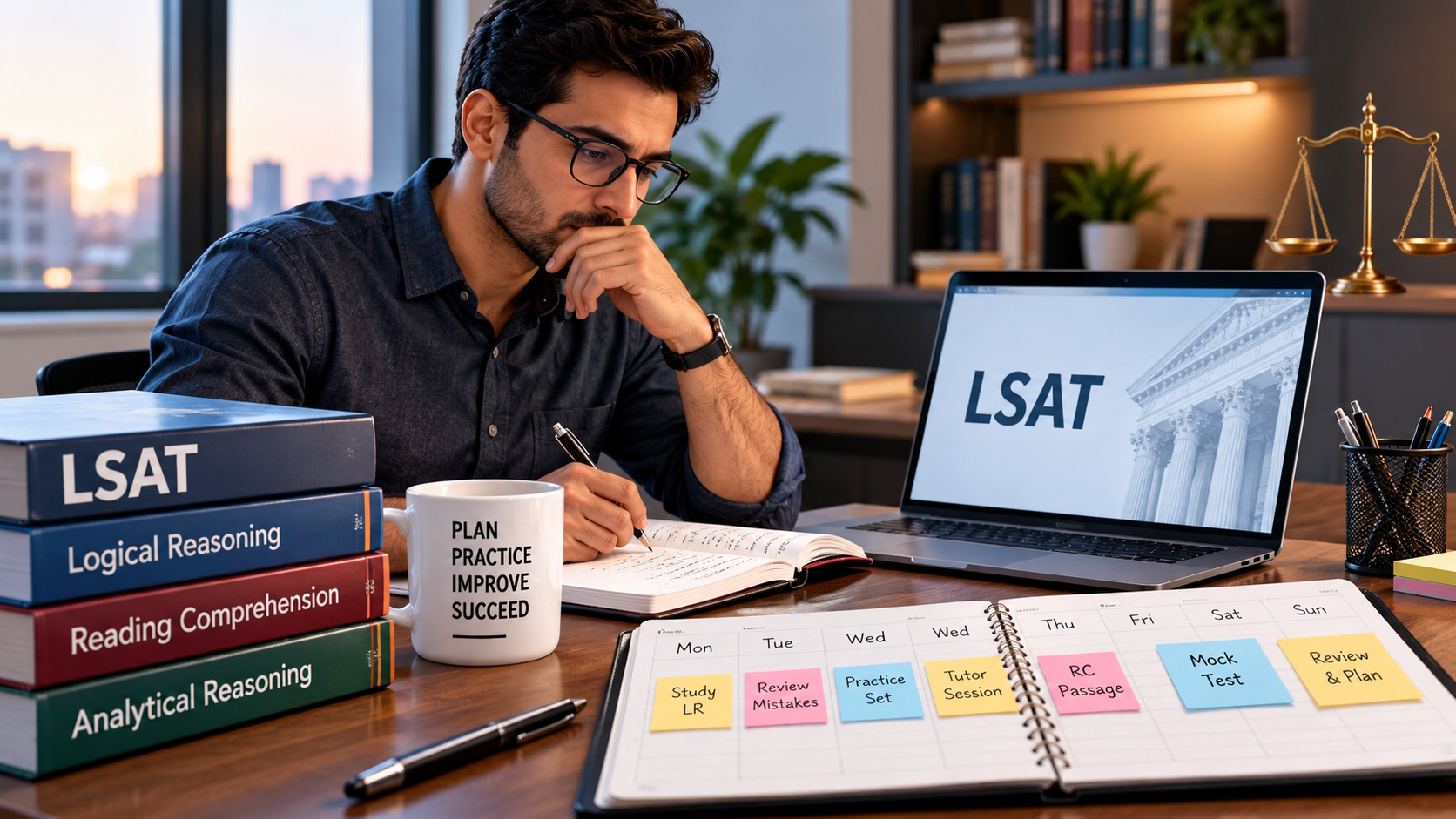 Professional studying for the LSAT at home with preparation books, a laptop, and a weekly study planner.